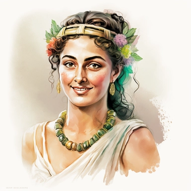 a beautiful and ultra realistic hellenistic dressed happy woman with watercolor effect,ultra realistic and detailed face,ancient greece vibe,white background,suitable for digital clipart,hellenistic scene,ancient greece,vibrantly colors,greek columns