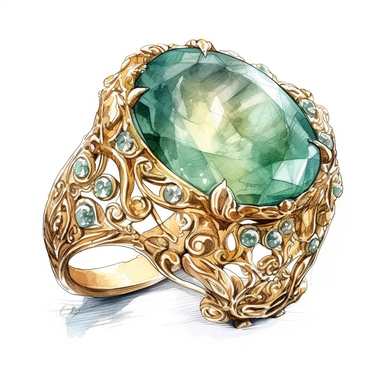 gold rococo ring with large emerald, watercolour painting , detailed , intricate white background. clipart