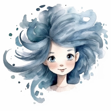 watercolour clipart of a girl, with crazy brawn hair, blue-gray eyes, the sweet and scatterbrained dreamer, with a great sense of humor. She immerses herself in the world of digital design, creating exquisite papers for scrapbook albums. Though she may often forget things, her delicate touch and gentle nature shine through her artistry, make her smiling, exalted mood, white background, 8k, f1