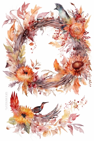 Halloween clipart, Amaranthus Delicate watercolor illustration, White background, Cozy, clear picture, 8k, hd, isolatee on a white background, Wreath, Frame Clip Art