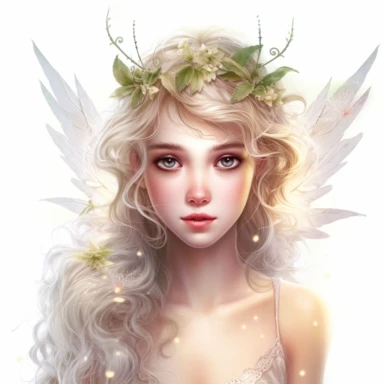 Radiant Fairy with a glowing presence, highly detailed face, and a radiant expression, Use dreamlike lighting with soft sunlight falling on the subject’s face and hair, to create an ultra-realistic image that captures the subject’s natural beauty and personality, clipart on white background