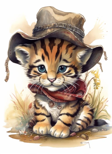 clipart,a cute little tiger in a field with a cowboy hat on its head and a bandana on its neck,in the style of jody bergsma, 32k uhd, hand-painted details, charming character illustrations, dark brown and light beige,red/green, aquarellist, hd , white background clipart