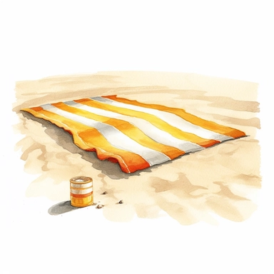 watercolour drawing of a yellow and white striped beach towel on the sand, clipart