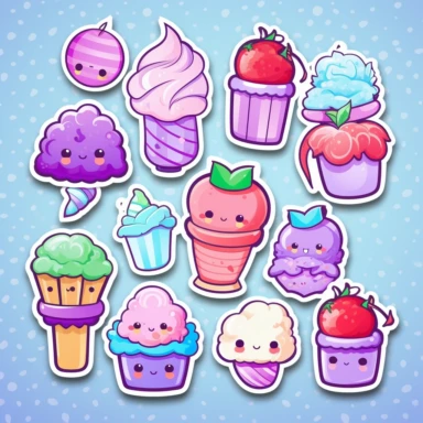 clipart elements, series of stickers, super cute sweets , kawaii style, each sticker with a white outline, light grey background