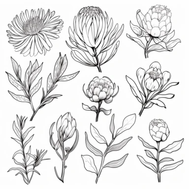 clip art collection, australian flowers including, waratah, banksia, gum, wattle, outlines, continuous lines, blind contour, white background, hand-drawn, sketch, monochrome, simple line art, crisp lines, vector, minimalist
