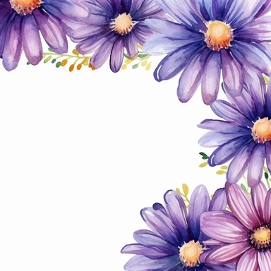 detailed vibrant watercolor rectangle purple daisy flower border with cute border line and with wide middle white space , isolated on white background, realistic, clipart
