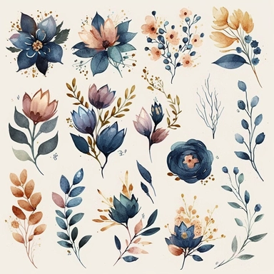 watercolor pastel flower 2d, floral clipart watercolor illustration, on white background, high res, in dark blue, cobalt blue and duck egg colors with dusty pale terracota color accents, copy space,