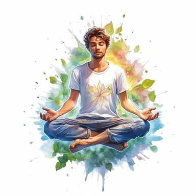 enchanted Front illumination of ultra realistic watercolor of full body of a cute mindfull happy guy, doing yoga lotus pose ,deep meaning, profound, highly detailed and realistic, insane quality, mystic, wiccan, art nouveau art style, clipart witchcore dreamcore cottagecore, good looking meditation, yoga calm, serene, healthy, white background no text, isolated on white, watercolor illustration, award winning, strong and sharp lines