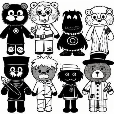a set of black line clipart inspired by sushi and zombies and muppets and Care Bears and Funko Pop toys