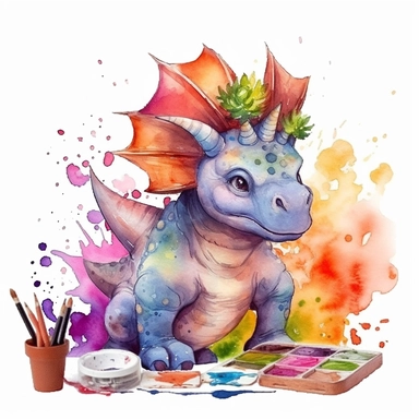 watercolored clipart with triceratops, funny and friendly, goofy, silly and playful dinosaur, colored, white background