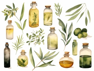 botanical style watercolor olive oil bottle elements Clipart muted color white background knolling