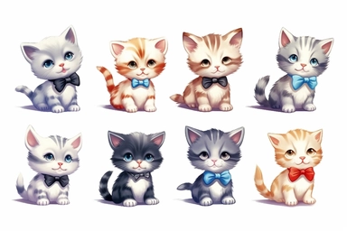9 sets of a cute baby kitten Munchkin, smile,round face,round head,Wearing a flower bow tie,different poses,different breeds, clipart, isolated on white background, spaced out,