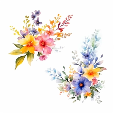 watercolor summer flower group for corner of invitation, clipart isolated on clear white background, bright colors, boho, lithograph, 32k uhd, textural