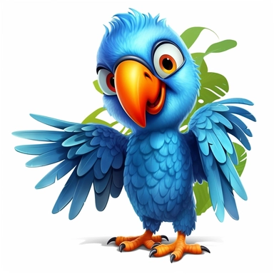a cartoon like blue parrot with an orange beak, full body, full of blue feathers, flying in the air, children book style illustration, clipart style, HD, highly detailed, no watermark –ar 3:2 634894548