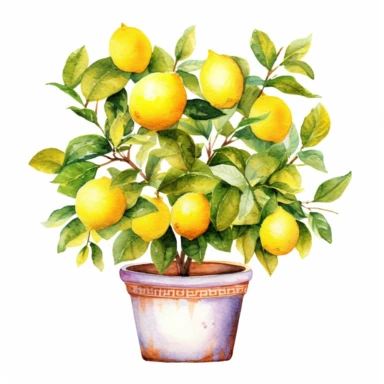 watercolor sweet lemon tree in pot clipart, white background