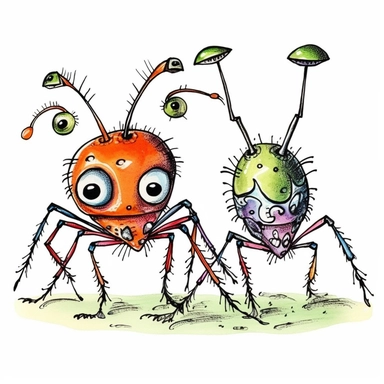 Funny colorful cartoon two ants battles like a pompon clipart with big beautiful eyes and long beautiful legs, distinct fine details, watercolor technique, black contour lines