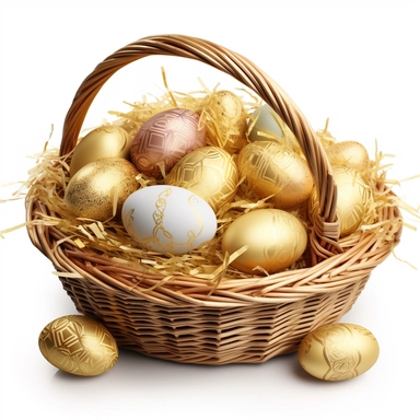 The clipart could feature an white Easter basket filled with golden eggs The white basket could be decorated with diamonds or Gold accessories , and there could be some grass or flowers around it. The treats could be arranged in a neat and colorful display, with some items spilling out of the basket to make it look more inviting, realistic, hd