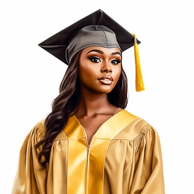 beautiful black graduate, clipart, straight hair, light skinned, wearing a yellow cap and yellow gown, white background
