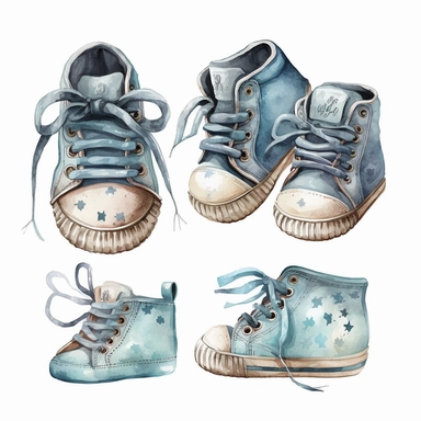 baby boy shoes light blue color, white background, watercolor, hyperrealism, high detail, separate elements, set, clipart