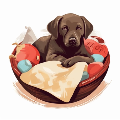 A clipart of a Labrador Retriever dozing off in a cozy dog bed, with a favorite toy nearby, crafted on a white background.