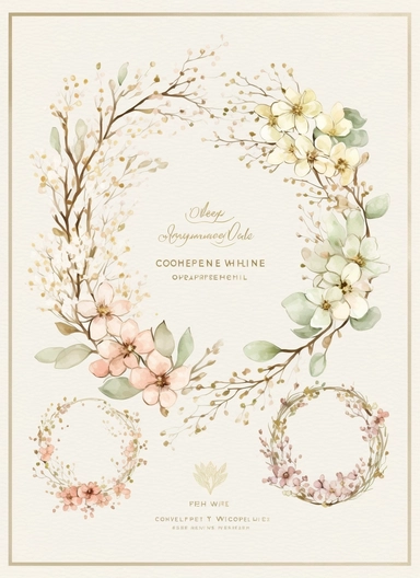 cherry blossoms watercolor wreath clipart, VINTAGE VICTORIAN STYLE, fairy style, muted color, accent gold color, watercolor touch, A cherry blossoms floral card with wildflowers, elegant, light, airy, fresh, classy, modern, minimalist design, no borders, the overall aesthetic exudes luxury and delight, no text or writing, includes blank space for text and writing, WHITE background, watercolor splashes, FOR CARD, hd, white background: