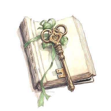 watercolor, hyper realistic, white background, white margins, 16k, ultra detailed clipart, cut out image, hand-drawn, whimsical manhwa style, ultra HD, sharp and clean art A set of antique keys with a single rose laying on a book, symbolizing the opening of one's heart to love, on a background of faded green and gold.