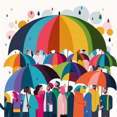cute illustration clip art color vector contemporary animation style of group of people in a LGBTI carnival, with colored umbrellas White background