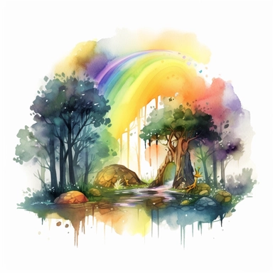 a watercolor of a dark forrest scenery with rainbow, realistic fantasy Style, vector free clipart illustration, in the style of unreal engine 5, 32k uhd, detailed features, white background