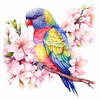 Rainbow Lorikeet sits on a sakura branch on a white background, illustration in watercolor style, drawing done in professional glazing technique, expressive details, realistic drawing technique, saturated colors, harmony with nature, pronounced contours, clipart, a masterpiece, white background