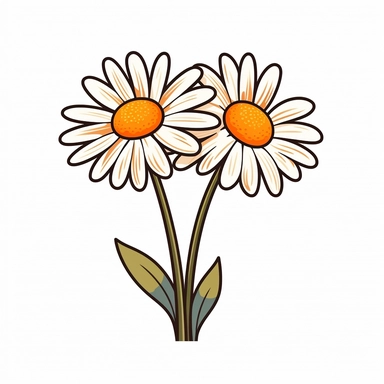 Clipart of cartoon two daisies in a minimalist style, on a white background,