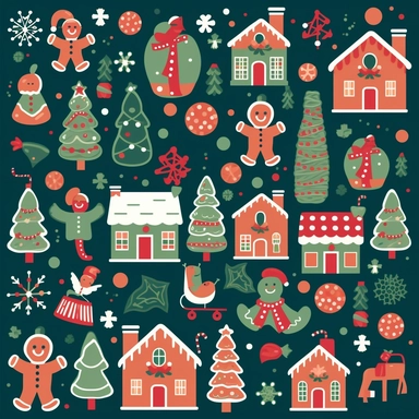 Christmas themed clipart with lots of icons, featuring traditional red and green color scheme, cute and cartoonish style, and scattered and random layout. The clipart should include gingerbread men and candy canes as the main Christmas icons. The background should be a solid color. The environment should be indoors with a controlled lighting setup. Use a high-quality camera model with a wide-angle lens to capture the entire scene. The perspective should be slightly overhead to capture the scatte