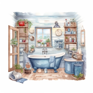 cozy cottagestyle bathroom, white background, illustration, detailed, vector, watercolor clipart
