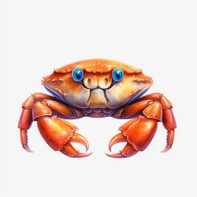 high level watercolor, hyper realistic cartoon, transparent background with margins, 8k, ultra detailed clipart, cute colorful crab, with big cute eyes