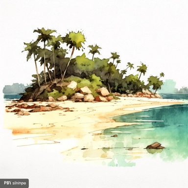 clipart a beautiful beach on white background, watercolor painting style, hand painted, dry on dry, realistic, texture, vibrant color, shadow, clear outlines, white background, few detail, 4K, high quality, studio Ghibli, Samuel Melton Fisher