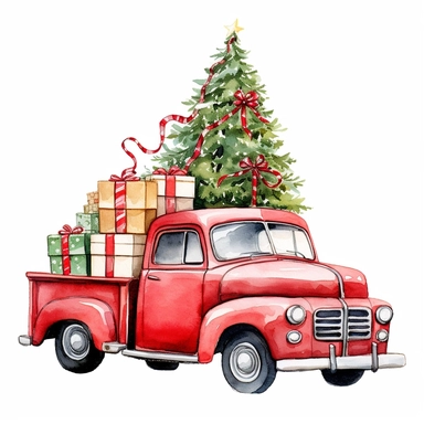 red christmas truck with chrristmas tree and presents clipart, white background