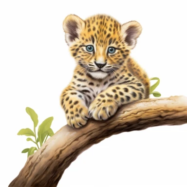 cute leopard cub, resting on a tree limb, bold colors, clipart, on a white background