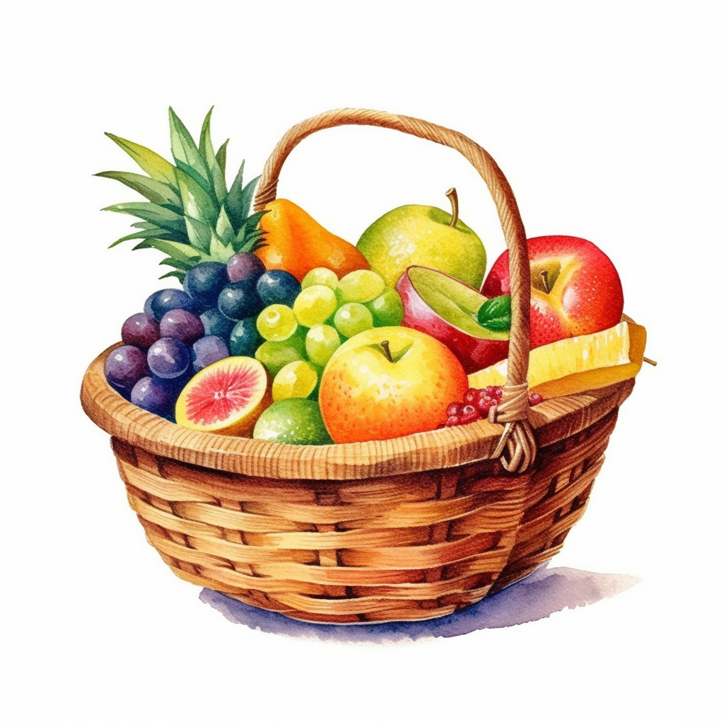 watercolor fruit basket clipart, white background, realistic with high ...