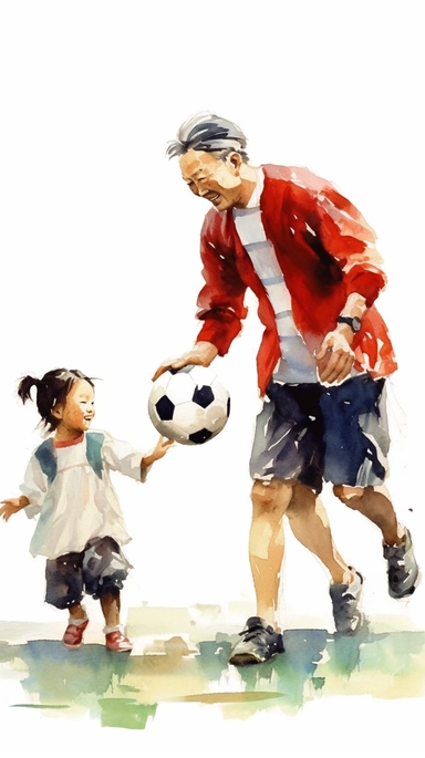 The father and children engage in an intense soccer match outdoors. They strive and compete, laughter and cheers echoing on the field, enhancing their bond through teamwork and interaction.Chinese style,watercolor clipart, high quality,high detail,32K