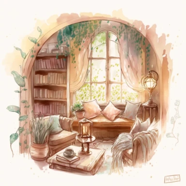 watercolor, clipart, cozy reading nook, elegant, light color palette, procreate digital drawing, plants and books, 16 K, magical, fantasy, sweet home, pixiv, fairytale, aquarelle, cottagecore