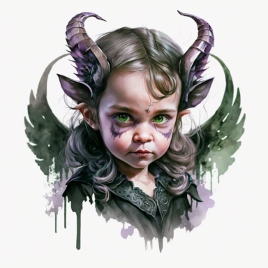 little girl, big eyes, maleficent, green glowing eyes, horns and wings, shades of purple green and black, very detailed and realistic, half body, watercolor, white background with margins, clipart style,