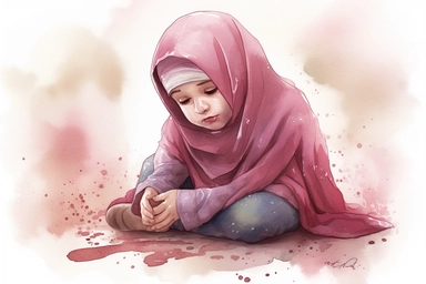 Little muslim girl, wearing pink hijab, fall on the ground sad crying, illustration for book, children's book, multiple positions, five years old, Watercolor Clipart, strybk, full Illustration, 4k, sharp focus, watercolor, smooth soft skin, symmetrical, soft lighting, detailed face, concept art, watercolor style, strybk, children's style fairy tales, chibi kawaii, . Octane rendering, 3d. Perfect face, detailed face, delicate face, perfect sharp lips, detailed eyes. Craig Davison, Aubrey Beardsle
