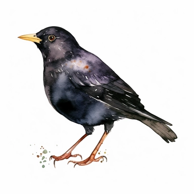 Watercolor blackbird clipart, white isolated background, space out, hd
