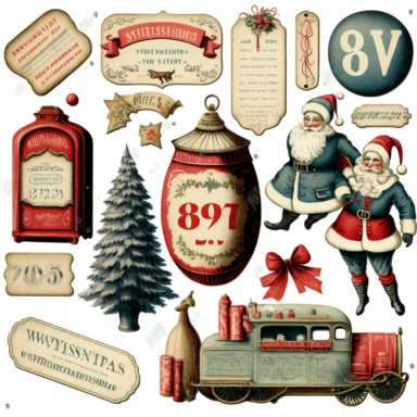 die-cut christmas clipart vintage ephemera, victorian toys, photorealistic drawing, isolated on white background, NO: [“watermark, signature, write, number, word”]