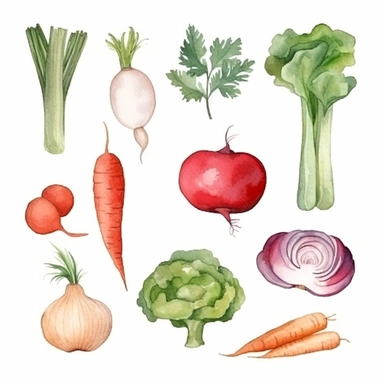 basic watercolor carrot, lettuce, tomato, bell pepper, garlic, onion in minimal hand drawn style, Etsy, textured, clipart, white background