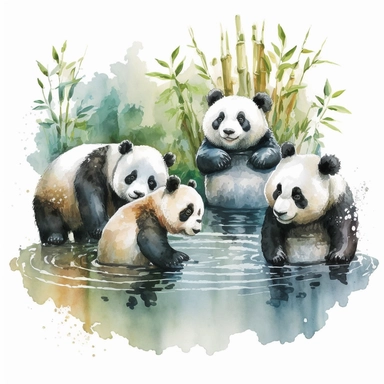 WATERCOLOR CLIPART REALISTIC FAMILY OF PANDAS CUTE PLAYING FOOLING AROUND IN NATURAL HABITAT