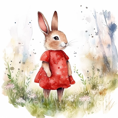 watercolour clipart illustration of cute shy modest bunny looking to the left wearing beautiful detailed red summer dress, standing in woodlands background on grass with flowers on white background, in the style of hyper-realistic animal illustrations, i can't believe how beautiful this is, childlike illustrations, close up, earthy tones