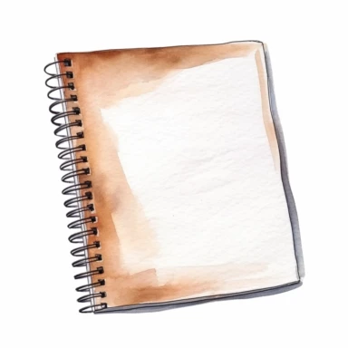watercolor, Top view empty paper notepad for drawing or writing diary Clean notebook for planning with coziness things on the desk. Workplace organization for inspiration and productivity png Full body realistic cartoon in 32K UHD cute. 15 cm thick outline. Black color. There was no shadow on the ground. 8k with realistic watercolors and detailed illustrations. PNG clipart, transparent white background