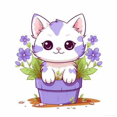 Clipart of a cute cat planting Crocus kawaii style full multicolor white background
