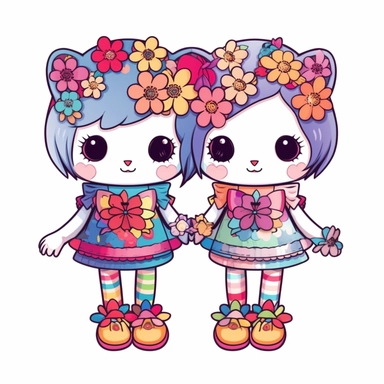 two Takashi Murakami style cats holding hands wearing cute dresses with big cartoon shoes, with bows in the hair , clip art, Japanese