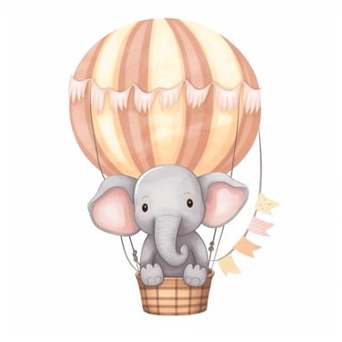 nursery cartoon clip art, cute baby elephant, in a hot air balloon, soft pastel colors, clean isolated image, plain white background,
